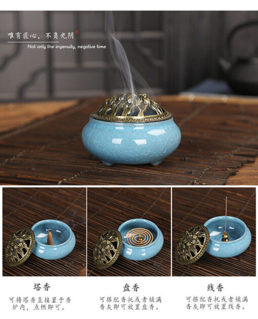 Ceramic Stick Incense Burner & brass Incense Stick base &10pcs sandalwood cones