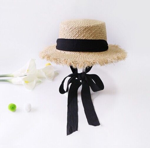 Womens Wide Brim Sun Hat with black Wind Lanyard UPF Summer Straw Sun Hats