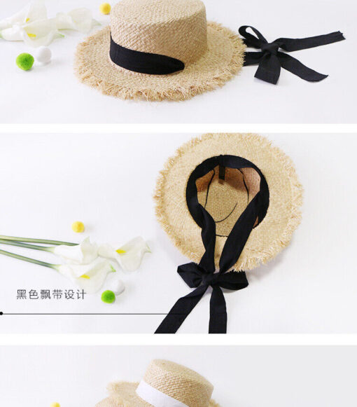 Womens Wide Brim Sun Hat with black Wind Lanyard UPF Summer Straw Sun Hats