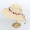 Full Hand made Womens Wide Brim Sun Hat with flower wispy Summer Straw hut beige