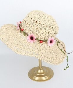 Full Hand made Womens Wide Brim Sun Hat with flower wispy Summer Straw hut beige