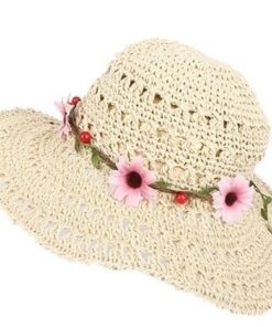 Full Hand made Womens Wide Brim Sun Hat with flower wispy Summer Straw hut beige