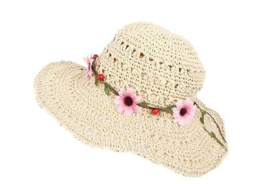 Full Hand made Womens Wide Brim Sun Hat with flower wispy Summer Straw hut beige