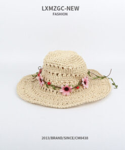 Full Hand made Womens Wide Brim Sun Hat with flower wispy Summer Straw hut beige