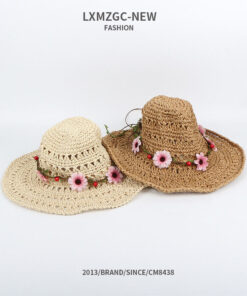 Full Hand made Womens Wide Brim Sun Hat with flower wispy Summer Straw hut beige