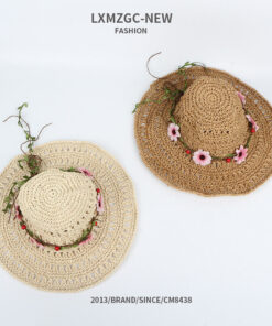 Full Hand made Womens Wide Brim Sun Hat with flower wispy Summer Straw hut beige