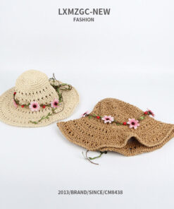 Full Hand made Womens Wide Brim Sun Hat with flower wispy Summer Straw hut beige