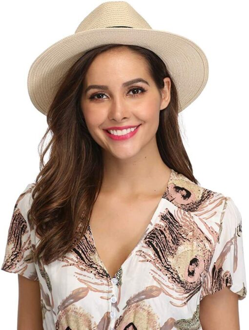 Beach Hat Womens Summer Straw Sun Hat Panama Hat, Ivory and Tan Color US