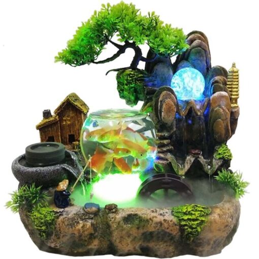 LED Rockery Fountain Waterfall Fengshui Desktop Atomizing Humidifier Indoor Desk