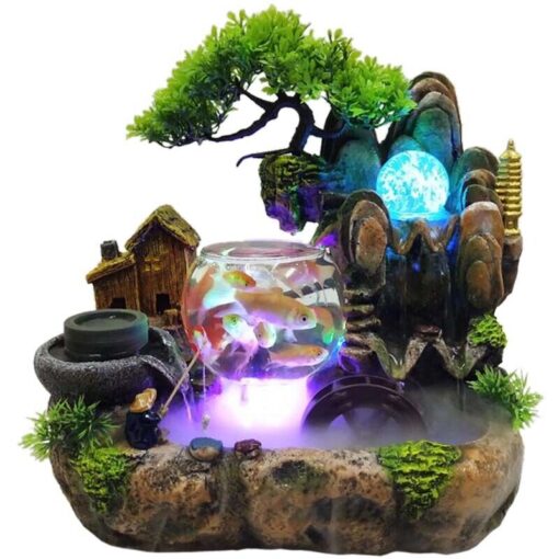 LED Rockery Fountain Waterfall Fengshui Desktop Atomizing Humidifier Indoor Desk