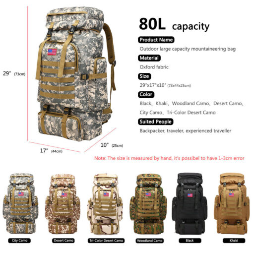 30L/40L/80L Military Outdoor Tactical Shoulder Backpack Camping Hiking Bag